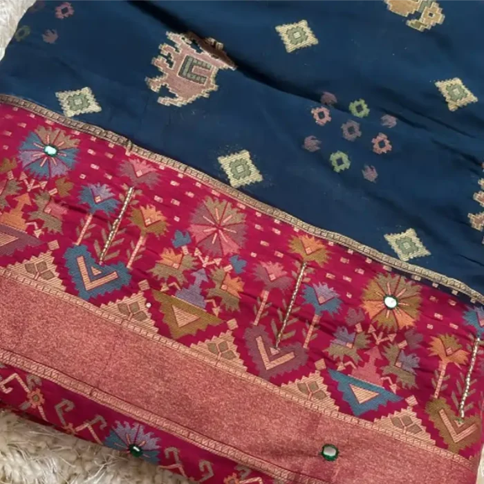 BLUE ADORNED WITH INTRICATE TRADITIONAL FLORAL ZARI