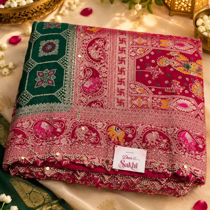 GREEN PINK HEAVY WORK BANARASI