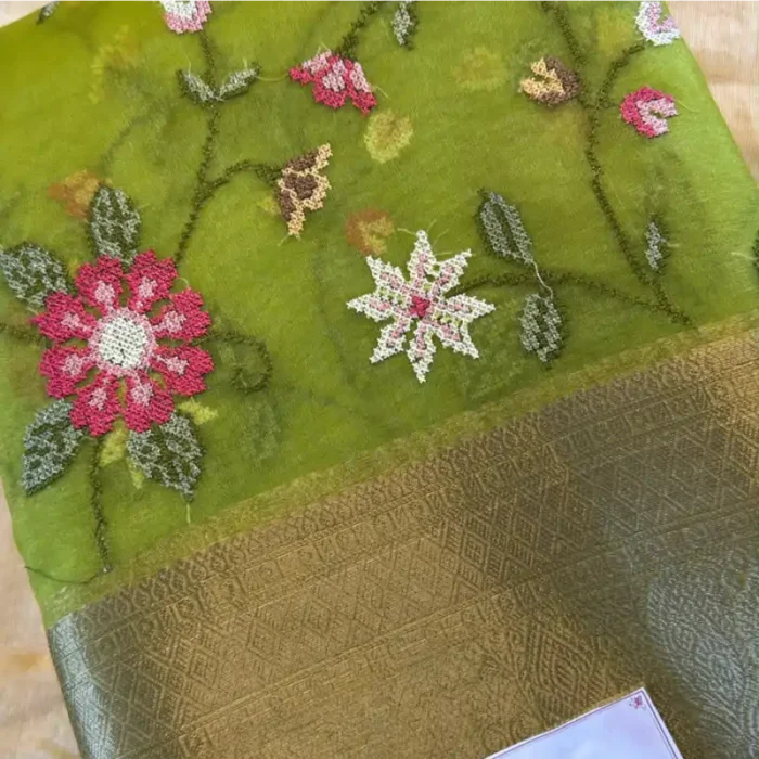 PAROOT GREEN  FULL FLOWER THREAD WORK